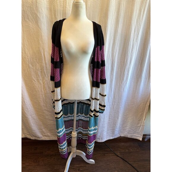 Boston Proper Pink Teal Black Stripe Crochet Duster Cardigan Sweater Sz XL - Picture 2 of 14